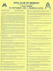Document - JOHN WILLIAMS COLLECTION: APEX CLUB OF BENDIGO 1000 TH DINNER, 1988