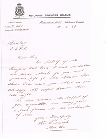 Document - CEPA COLLECTION: LETTER OF THANKS FROM RSL KANGAROO FLAT