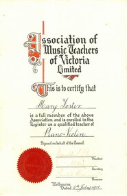 Document - FOSTER AND WILSON COLLECTION: CERTIFICATE ASSOCIATION OF MUSIC TEACHERS OF VICTORIA LIMITED, 1931