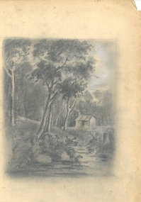 Drawing - HARRIS COLLECTION: CHARCOAL SKETCH OF CREEK AND HUT