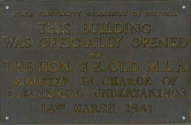Plaque - BRASS PLAQUE CONSECREATION PLAQUE STATE ELECTRICITY OF VICTORIA 14 MARCH 1940