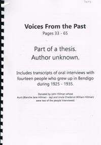 Book - VOICES FROM THE PAST BOOKLET, ORAL INTERVIEWS WITH 14 PEOPLE WHO GREW UP IN BENDIGO DURING 1925-35