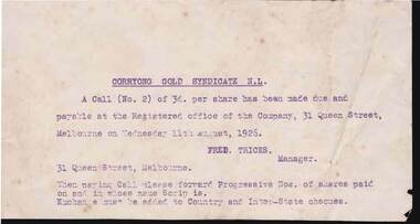 Document - KELLY AND ALLSOP COLLECTION: CORRYONG GOLD SYNDICATE N. L