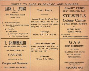 Document - TWO BUS TIMETABLES INCLUDING ADVERTS FOR WHERE TO SHOP IN BENDIGO CARDS, A.M. O'HALLORAN BUS SERVICES