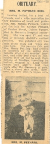 Newspaper - LYDIA CHANCELLOR COLLECTION: MRS M PETHARD OBITUARY
