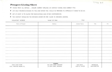 Document - JAMES LERK COLLECTION:  PROSPECT LISTING SHEET