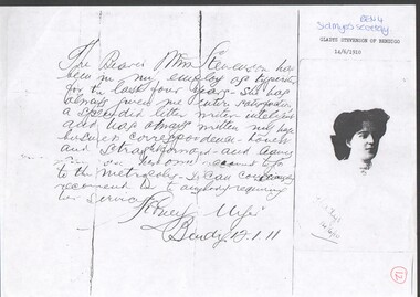 Letter - photocopy of a reference for Gladys Stevenson leaving the employ of Mr. Sidney Myer dated 19/01/11