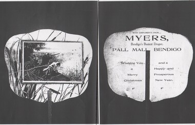 Ephemera - Photocopy of both sides of a fan, 'with compliments from..... Myers, Bendigo Busiest draper"