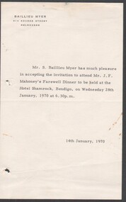 Letter - Letter from Mr. S. Baillieu accepting invite to Mr. J.F. Mahoney's Farewell Dinner on Wednesday 28th January 1970