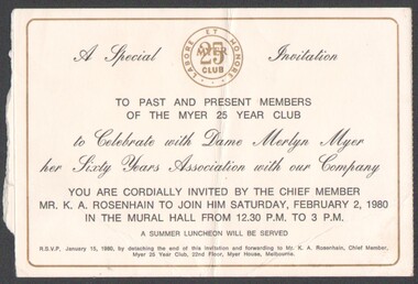 Letter - Invitation to past and present members of the Myer 25 Year Club to Celebrate with Dame Merlyn Myer her Sixty Years Association with our Company