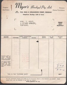 Financial record - Financial record of purchases and payments made by Mrs. W. Gray, 3 Skene Street, Bendigo, circa 1959
