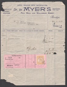 Financial record - Financial record of purchase and payment made by Mr. A. Hall, c/- Morley Johnsons, Mitchell Street, Bendigo; of a carved table dated 1 May 1936