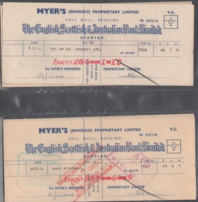 Financial record - Numerous cheques drawn by Myer's Bendigo through the English Scottish and Australian Benk (Bendigo) for a range of goods