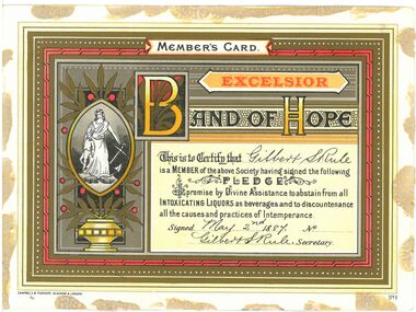 Document - GILBERT RULE COLLECTION: Membership card Band of Hope, 1883