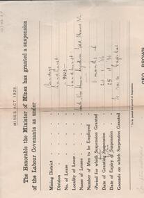 Administrative record - South New Chum Syncline Gold Mine Labour Covenants suspension, 1936