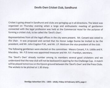 Article - Cricket Club Documents - Devils Own Cricket Club Established Bendigo Advertiser Article