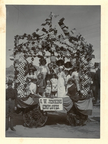 Photograph - G.W. Jenkins (tailors) employees on a float erected on a wagon for Empire Day 24th May (year unknown), McKenzie Family Collection, August 2024