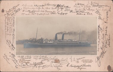 Photograph - Black and white photograph of R.M.S. Marmora. The photo has been mounted on card which has many signatures, August 2024