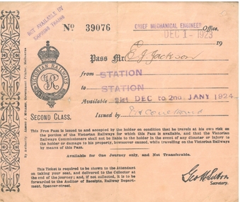 Administrative record - Victorian Railways Pass