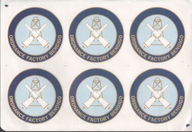 Ephemera - Australian Defence Industries (ADI), one sheet of six circular Ordinance Factory Bendigo stickers