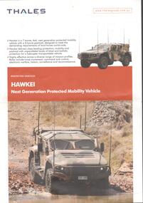 Booklet - Australian Defence Industries (ADI) - brochure on Hawkei - next generation protected mobility vehicle; and HSEV and HMEV high speed self-deployment vehicles