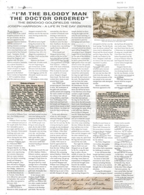 Newspaper - Newspaper article re Joseph Harrison - A Life in the Day Series, "I'm the Bloody Man The Doctor Ordered" The Bendigo Goldfields 1850s, Joseph Harrison - A Life in the Day (Series)