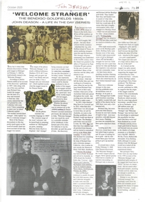 Newspaper - Newspaper article re john Deason - A Life in the Day Series, "Welcome Stranger" The Bendigo Goldfields 1850s, John Deason - A Life in the Day (Series)