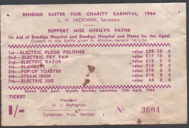 Ephemera - Bendigo Easter Fair Charity Carnival 1964 - raffle ticket