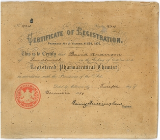 Document - David Anderson Chemist Certificate of Registration, Dec 20 1888