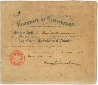 Document - David Anderson Chemist Certificate of Registration, Dec 20 1888