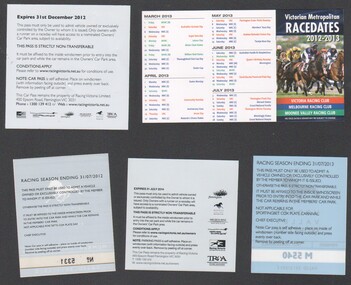 Ephemera - Victorian Metropolitan Race Dates card 2012 -2013 and vehicle window stickers
