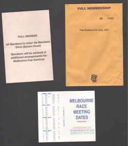 Ephemera - VRC full membership 2000 - 20.  Membership No 8988 envelope and car window sticker; and Melbourne Race meeting Dates 2000 - 2001