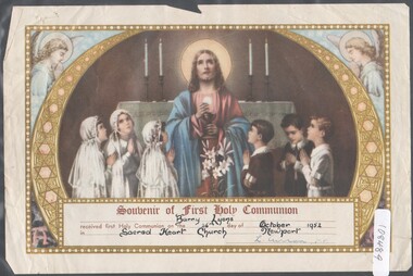Certificate - Souvenir certificate for First Holy Communion issued to Barry Lyons on 26th October 1952 at Sacred Heart Church, Newport
