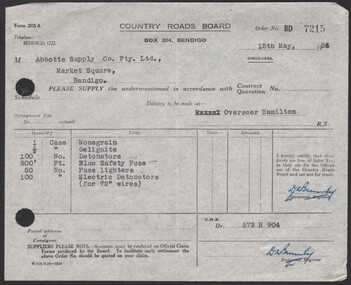 Administrative record - Abbott Collection: Records of purchases of gelignite, detonators, safety fuse and fuse lighters from Abbotts Supplies Co by the Country Roads Board in 1953, ten records