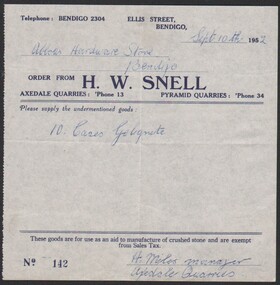 Administrative record - Abbott Collection: 27 records of purchases of gelignite, and detonators from Abbotts Supplies Co by the H. W. Snell, Bendigo in sept 1952 to Dec 1953'