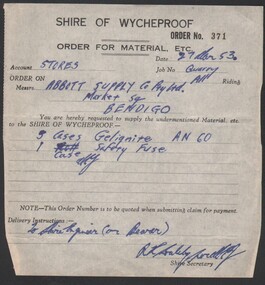 Administrative record - Abbott Collection: 11 records of purchases of gelignite and detonators from Abbotts Supplies Co by the Shire of Wycheproof throughout 1953