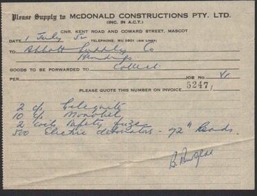 Administrative record - Abbott Collection: Various records of purchases of gelignite, detonators and other safety goods from Abbotts Supplies Co by McDonald Constructions Pty Ltd throughout 1953