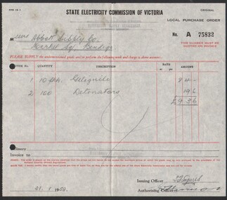 Administrative record - Abbott Collection: State Electricity Commission of Victoria for the purchase of gelignite and fuses; 11 Nov 1952 to 17 Nov 1953