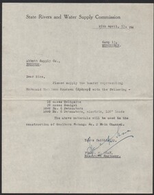 Administrative record - Abbott Collection: order requests in letter format by the State Rivers and Water Supply Commission for gelignite, detonators and fuses, late 1952 and 1953