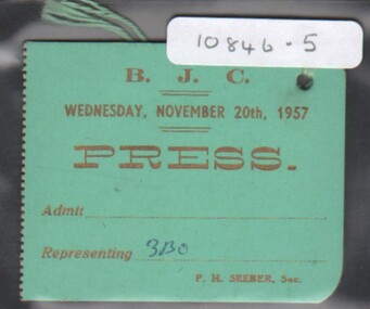 Ephemera - Gertrude Perry Collection - Bendigo Jockey Club, Press Card