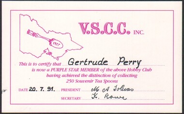 Ephemera - Gertrude Perry Collection - V.S.C.C. inc Certificate noting Gertrude Perry as a PURPLE STAR MEMBER of the club having achieved the distinction of collecting 250 Souvenir Tea Spoons