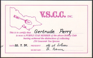 Ephemera - Gertrude Perry Collection - V.S.C.C. Inc. Certificate