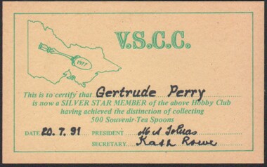 Ephemera - Gertrude Perry Collection - V.S.C.C. inc Certificate noting Gertrude Perry as a SILVER STAR MEMBER of the club having achieved the distinction of collecting 500 Souvenir Tea Spoons