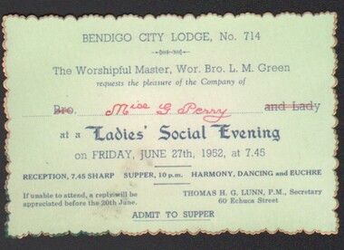Ephemera - Gertrude Perry Collection - Invitation to attend a Ladies' Social Evening
