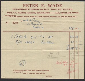 Ephemera - Gertrude Perry Collection - Invoice from Peter F. Wade for an AWA TV purchased by Miss G. E. Perry on 8/3/1963