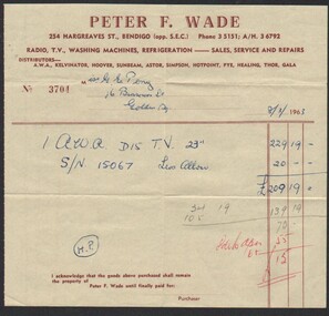 Ephemera - Gertrude Perry Collection - Invoice from Peter F. Wade