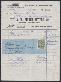 Ephemera - Gertrude Perry Collection - invoice for Miss G E Perry of an Austin Freeway Saloon registration HNV 727 on 3/7/1962 from A. W. Pulfer Motors Pty Ltd