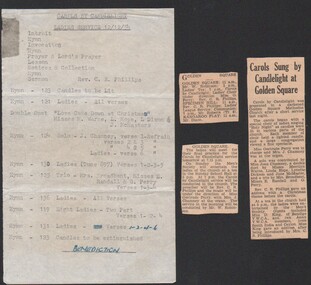 Ephemera - Gertrude Perry Collection - Bendigo advertiser notices and typed order of service for Carols by Candlelight Ladies Service on 12/12/1954 at Golden Square Methodist Church