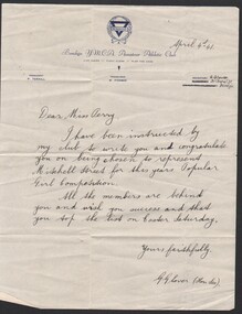 Letter - Gertrude Perry Collection - handwritten letter from Bendigo YMCA congratulating Miss Perry on being chosen to represent Mitchell Street for the 1941 Miss Popular Girl Competition for the Bendigo Easter Fair