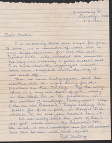 Letter - Gertrude Perry Collection - handwritten note from Pat Slattery to "Gertie" referring to the reunion of the Bendigo easter Fair Miss Popular Girls on 7 April 1991